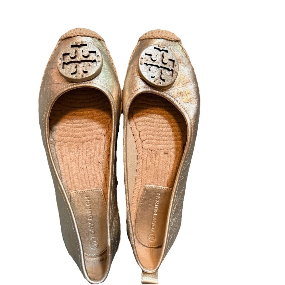 Tory Burch Eleanor Logo Espadrille Leather Flat Metallic Silver US 7.5M